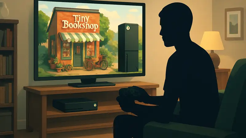 Обложка игры Tiny Bookshop на экране консоли Xbox, сидящий на диване геймер.