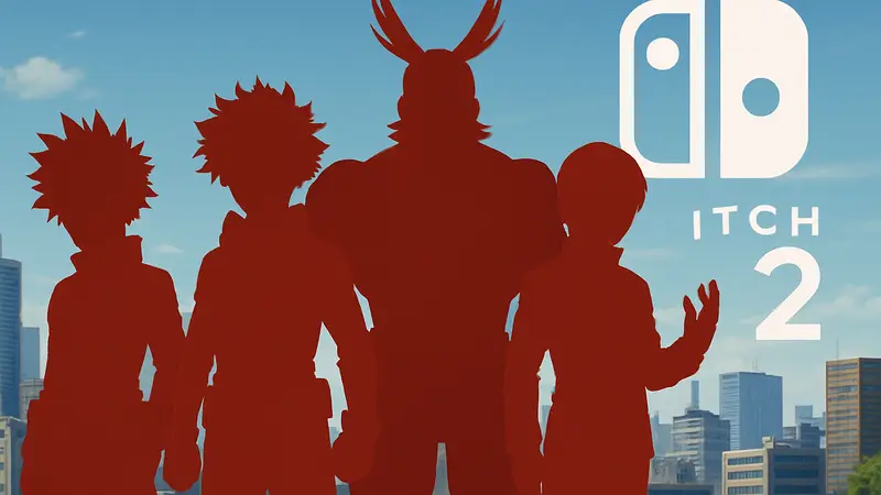 Персонажи My Hero Academia из игры All's Justice на фоне логотипа Switch 2.