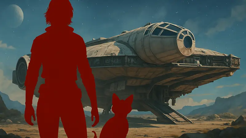 Кай Весс и Никс из Star Wars Outlaws на фоне космического корабля.