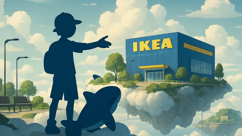 Игровой персонаж Pokémon Pokopia на облачном острове IKEA с Blahaj