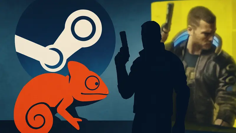 Изображение Meccha Chameleon на фоне логотипа Steam, рядом с игрой Cyberpunk 2077.