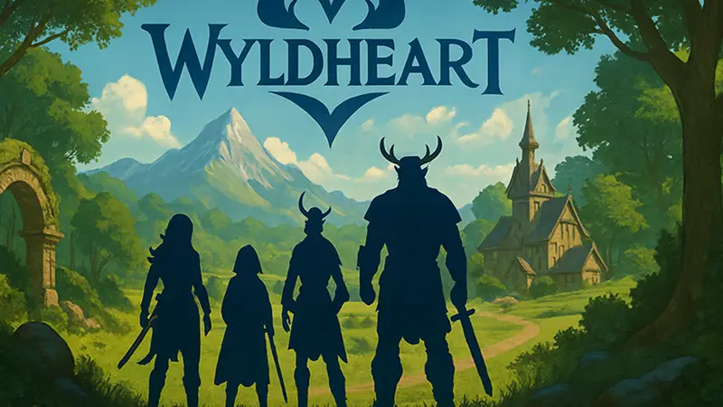 Группа персонажей из игры Wyldheart, возможно, в фэнтезийном мире, логотип игры.