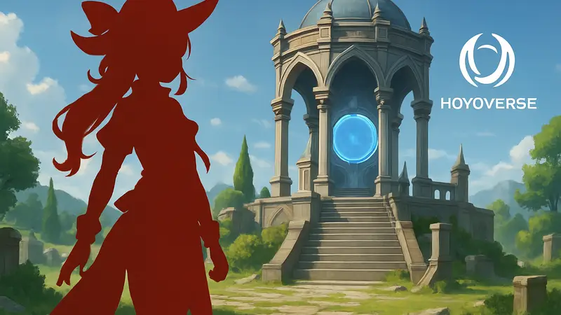 Новый персонаж Линея из Genshin Impact на фоне Храма Пространства, логотип HoYoVerse.