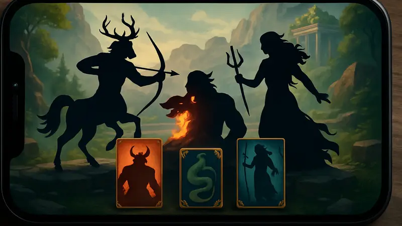 Игр овой скриншот Mystic Realms с мифологическими персонажами в процессе карточной битвы на мобильном устройстве.