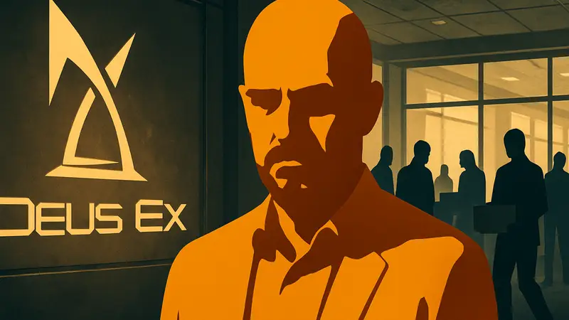 Дэвид Анфосси, бывший глава Eidos Montreal, на фоне логотипа Deus Ex. Увольнения в студии.