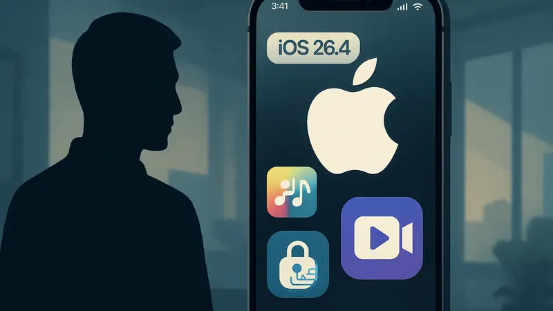 Логотип Apple на экране смартфона с изображением интерфейса iOS 26.4 и иконками новых функций, таких как AI-плейлисты и видеоподкасты.