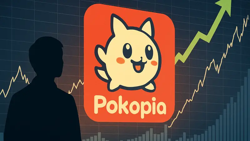 Логотип Pokemon Pokopia на фоне графиков роста акций Nintendo.