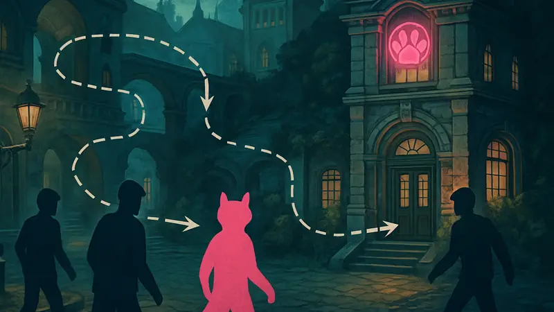 Схема маршрута ограбления Pink Paws Heist в игре Neverness to Everness.