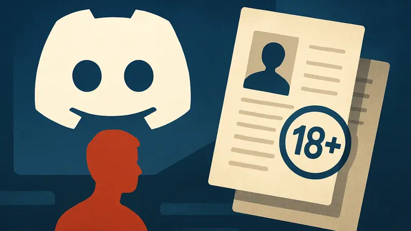 Логотип Discord, на фоне которого изображены документы, символизирующие проверку возраста пользователя.