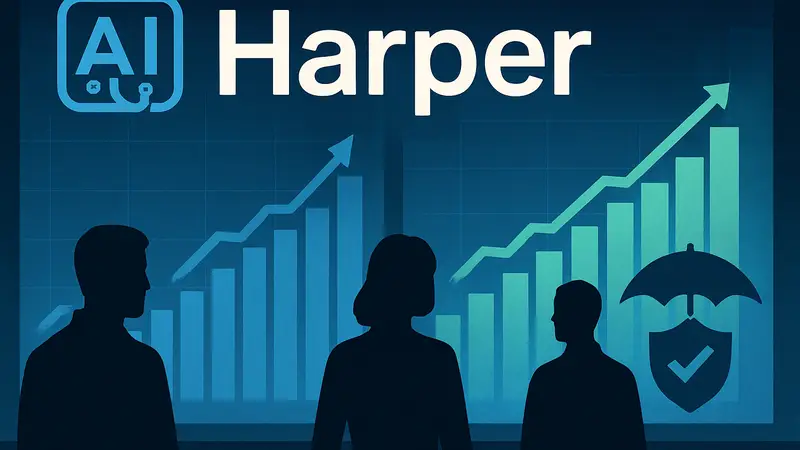 Логотип Harper с символом ИИ, на фоне графиков роста инвестиций и страховых полисов, отражающий успех в привлечении средств.