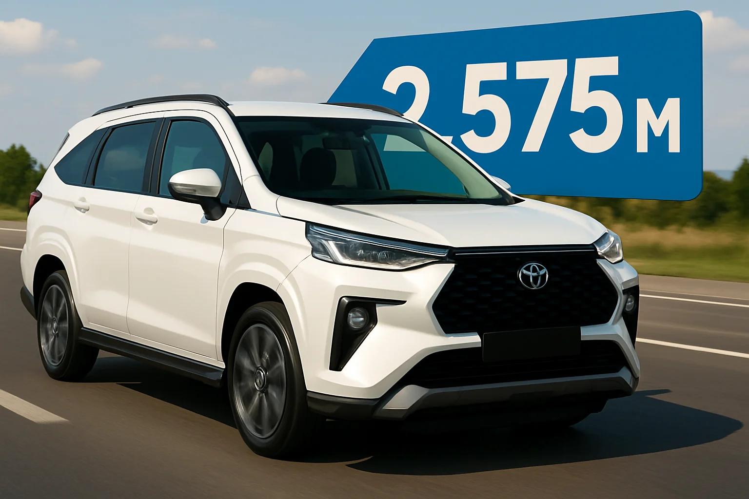 Белый семиместный кроссовер Toyota Veloz на дороге, демонстрирующий его обновленную цену в России.