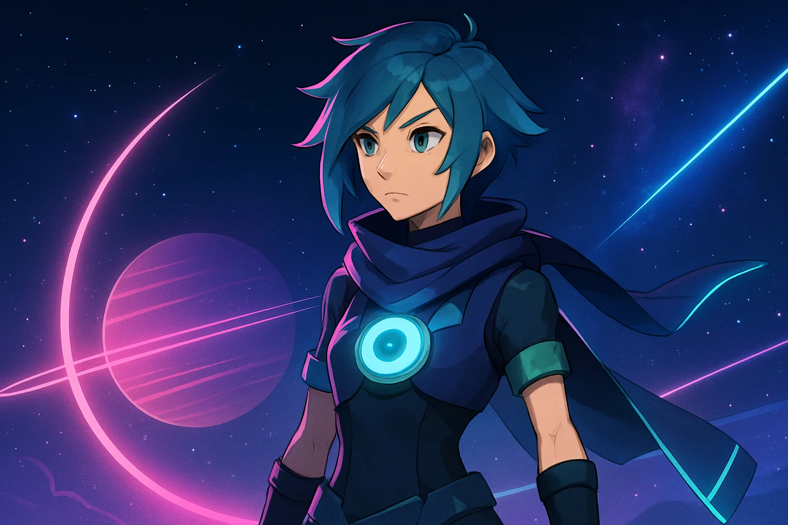 Персонаж из игры Mio: Memories in Orbit на фоне космического пейзажа с неоновыми элементами.
