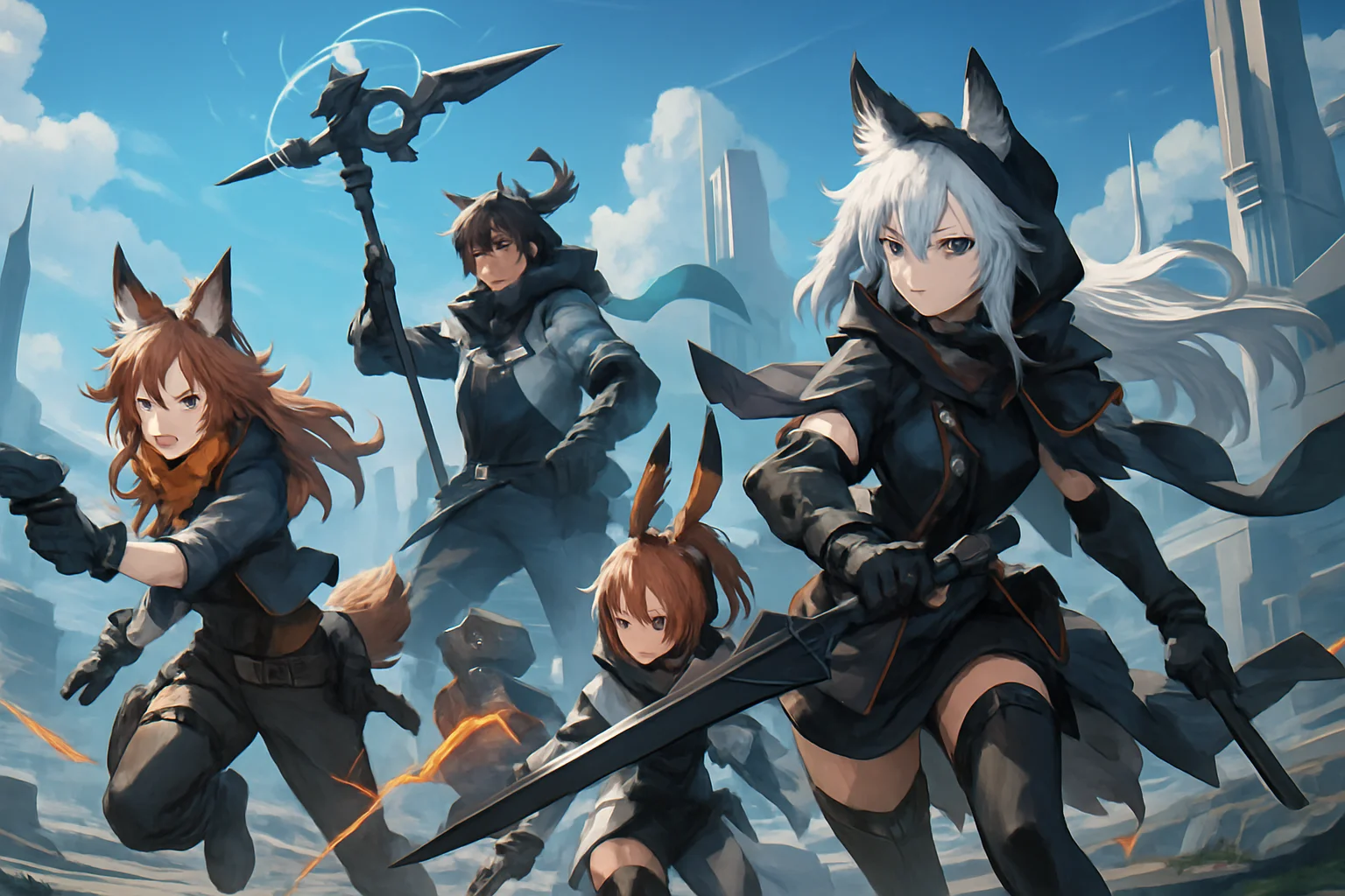 Группа персонажей из игры Arknights Endfield, демонстрирующих различные боевые позы на фоне футуристического пейзажа.