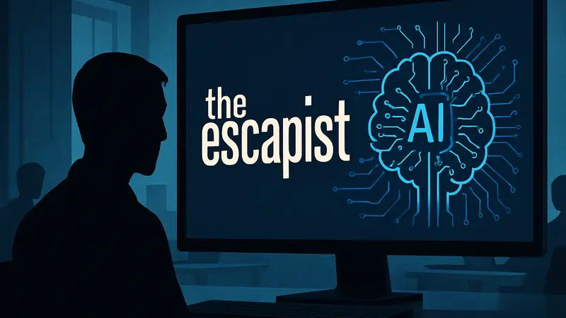 Логотип The Escapist на фоне компьютерного экрана и схематического изображения ИИ