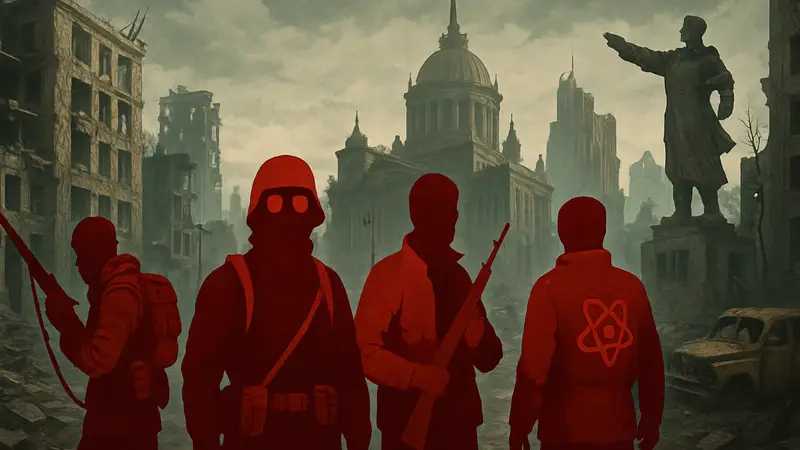 Арт с персонажами Atom RPG 2 в постапокалиптическом советском стиле, разрушенный город на фоне
