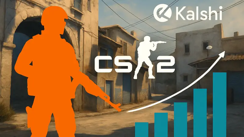 Обложка Counter-Strike 2 с логотипом Kalshi и графиком ставок, показывающим доминирование CS2.