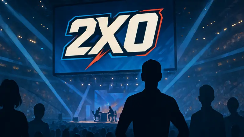 Логотип файтинга 2XKO от Riot Games на фоне киберспортивного мероприятия