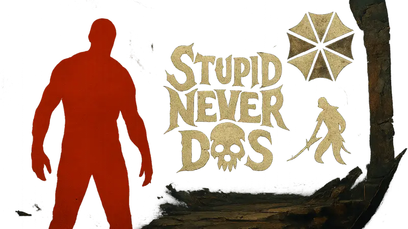 Логотип игры Stupid Never Dies на тёмном фоне, рядом символы Resident Evil и Devil May Cry