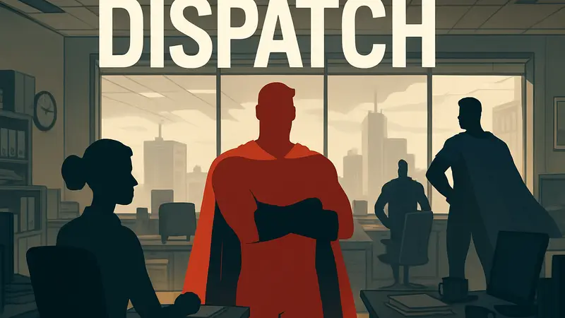 Обложка игры Dispatch с изображением супергероев в офисной обстановке