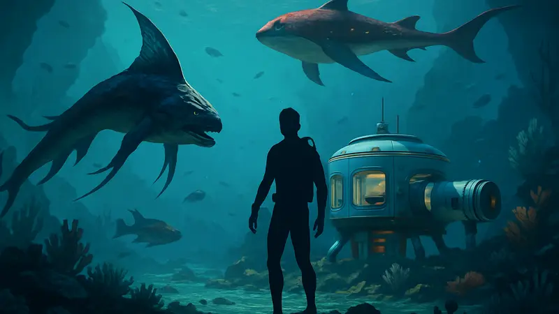 Подводный пейзаж Subnautica 2 с неизвестными морскими существами и базой игрока.
