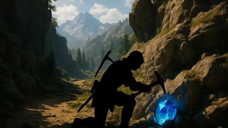 Скриншот Crimson Desert с изображением азурита или персонажа, добывающего ресурсы.