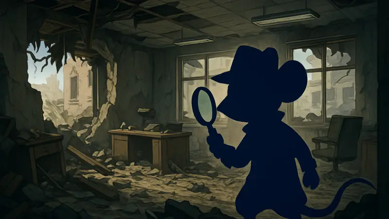 Мышонок-детектив из Mouse P.I. for Hire осматривает офисные руины