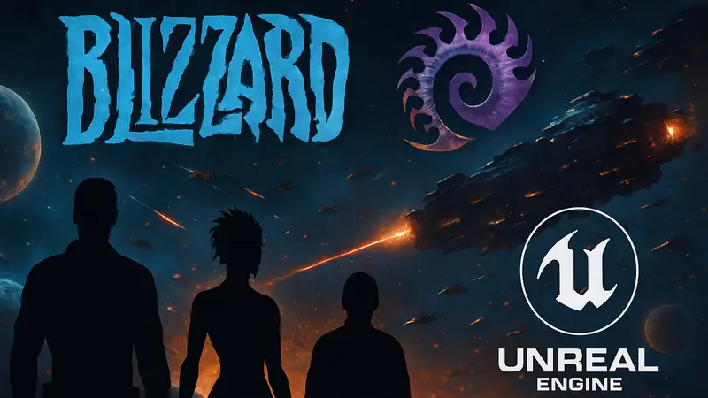 Логотип Blizzard с символикой Starcraft на фоне космического сражения и движка Unreal Engine.