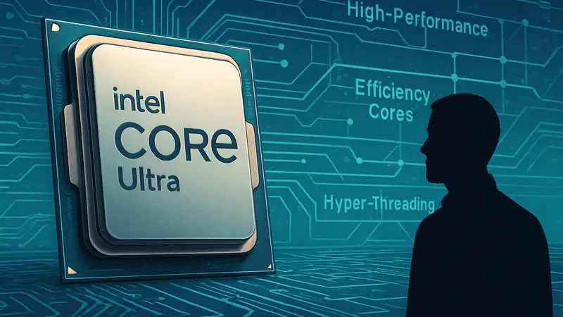 Процессор Intel Core Ultra на фоне сложной дорожной карты с технологиями.