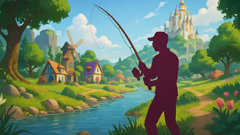 Игрок Heartopia ловит рыбу в красочном игровом мире Dreamlight Cinematics