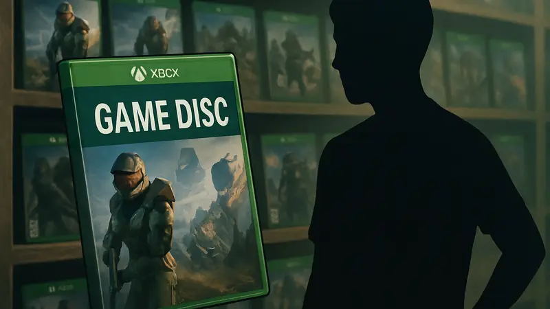 Физическая коробка игры Xbox с новой этикеткой "Game Disc" на фоне других игр.