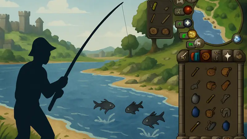 Игрок Old School RuneScape ловит личфинов на побережье, интерфейс игры OSRS