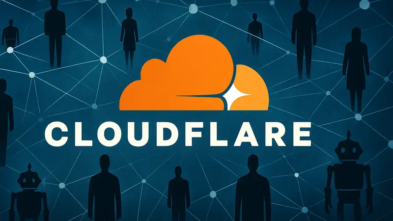 Логотип Cloudflare на фоне схематичного изображения сети с ботами и людьми.
