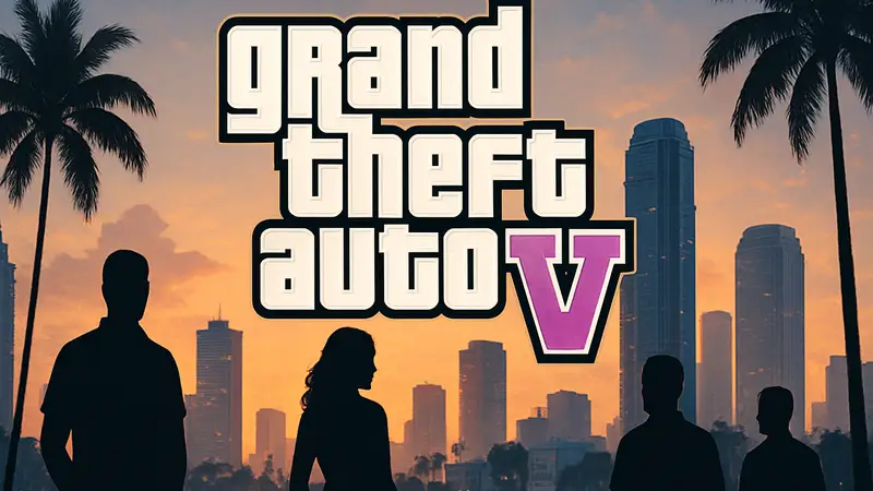 Логотип Grand Theft Auto VI на фоне силуэтов зданий Вайс-Сити