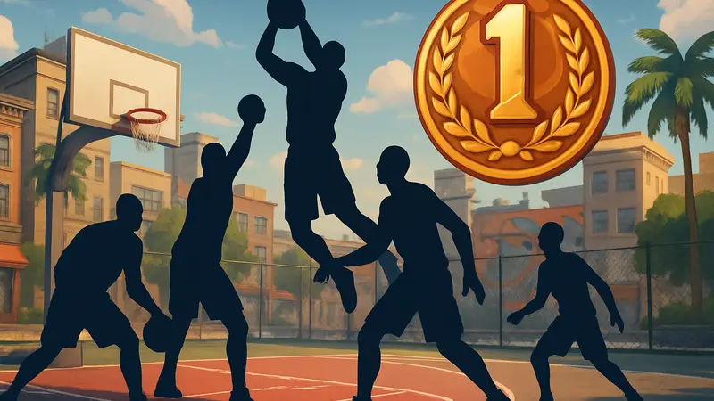 Игровой скриншот Dunk City Dynasty с баскетболистами на площадке и логотипом годовщины. Новое содержимое.