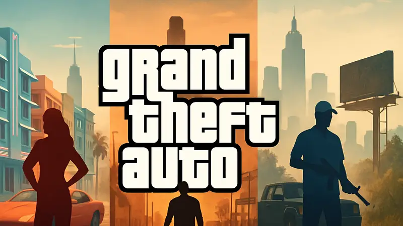 Логотип Grand Theft Auto на фоне изображений из разных эпох игры