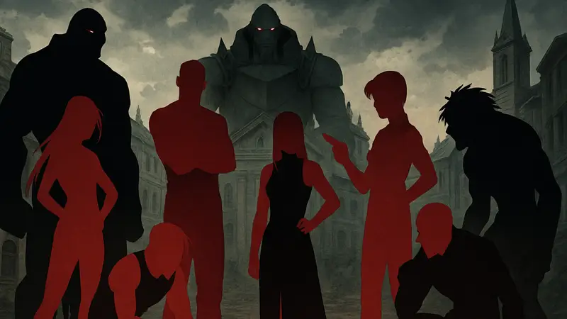 Группа злодеев из Fullmetal Alchemist, Гомункулы, со зловещими выражениями лиц