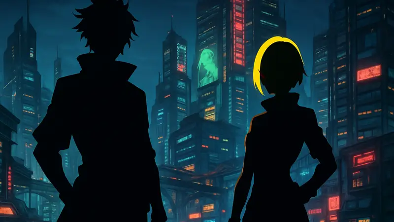 Постер коллаборации Wuthering Waves x Cyberpunk Edgerunners с двумя новыми персонажами на фоне Найт-Сити.