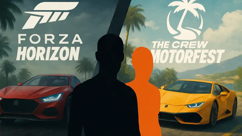 Логотипы Forza Horizon и The Crew Motorfest на фоне гоночных автомобилей, сравнительное противостояние.