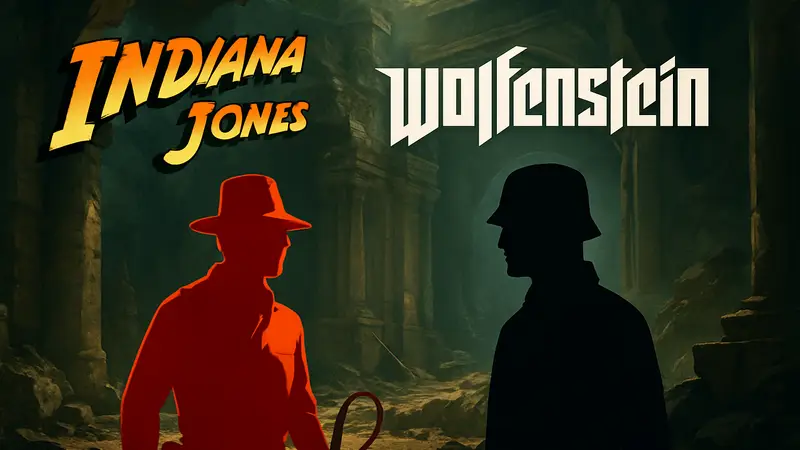 Логотип игры Indiana Jones и Wolfenstein, демонстрирующий связь студий.