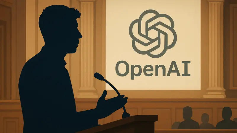 Сэм Альтман выступает в суде, на фоне логотип OpenAI или судебный зал