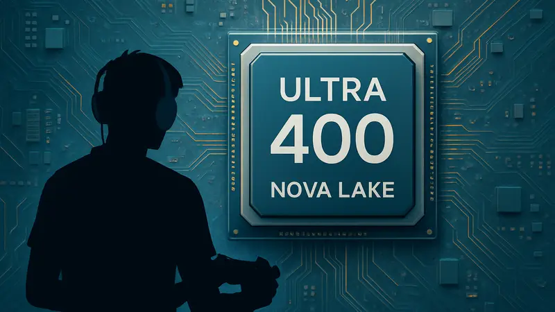 Игровой процессор Intel Core Ultra 400 Nova Lake на фоне микросхем.