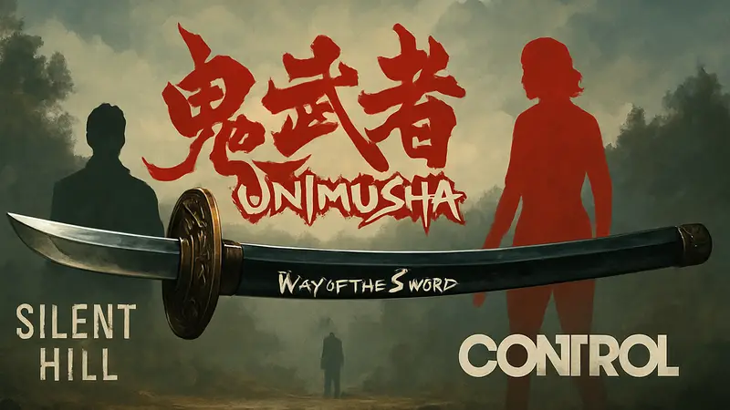 Логотип Onimusha: Way of the Sword на фоне самурайского меча, рядом с логотипами Silent Hill и Control.