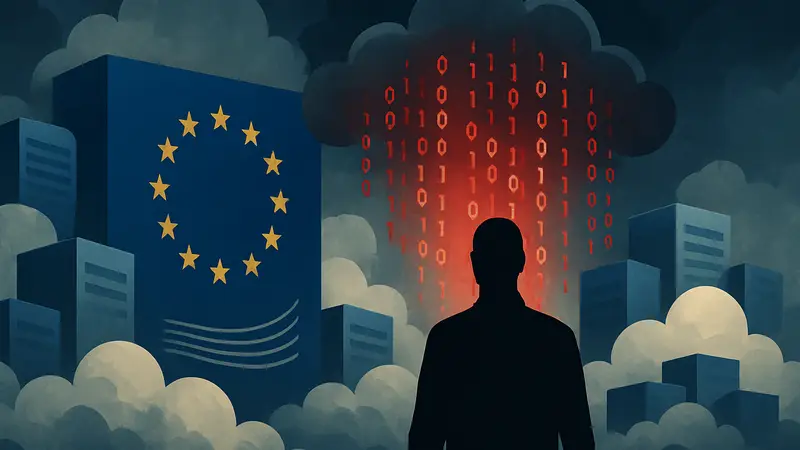 Логотип Европейской комиссии на фоне облачных хранилищ, символизирующих утечку данных.