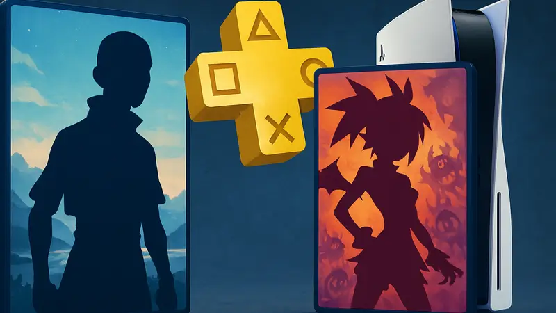 Обложки игр Avatar Legends и Disgaea Mayhem на фоне логотипа PS Plus и консоли PS5.