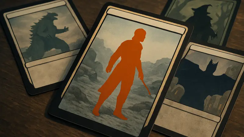 Карты Magic: The Gathering с изображениями персонажей из других вселенных, лежащие на столе, сфокусировано на одной из них.