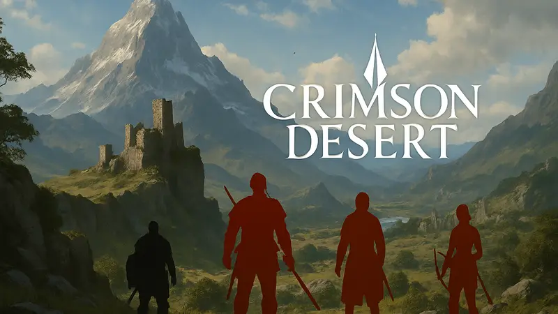 Обложка саундтрека Crimson Desert с фэнтезийным пейзажем, героями и логотипом игры.