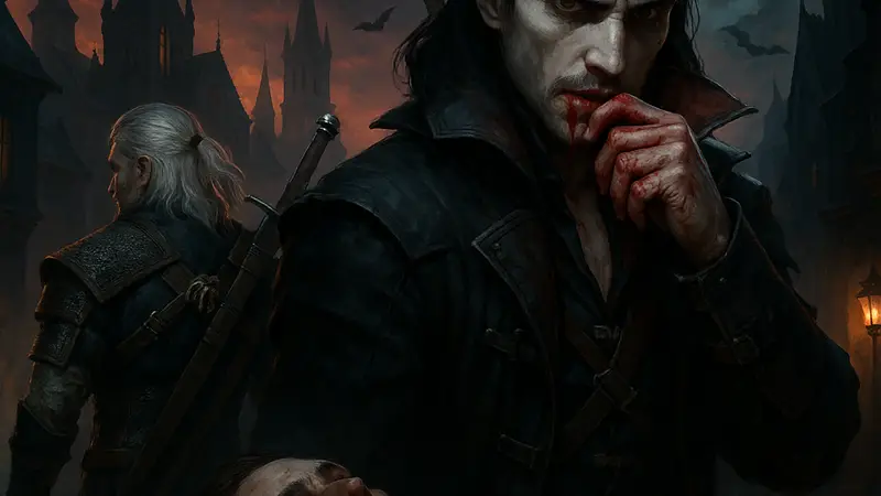 Обложка или скриншот новой вампирской RPG, элементы Ведьмак 3 и Vampyr.