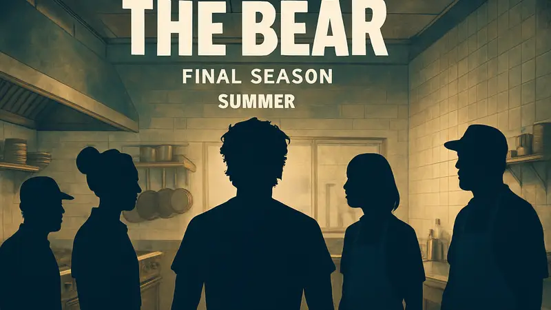 Постер сериала "Медведь" с главными героями, надписью "финальный сезон" и датой релиза летом.
