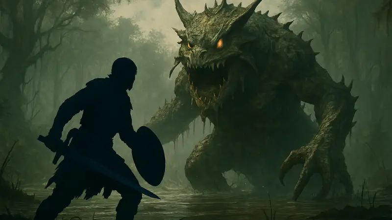 Игрок Crimson Desert сражается с огромным Болотным Дьяволом, демонстрируя тактику битвы с боссом