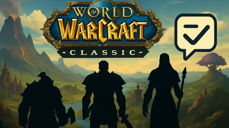 Логотип World of Warcraft Classic на фоне эпических пейзажей Азерота и значок опроса.